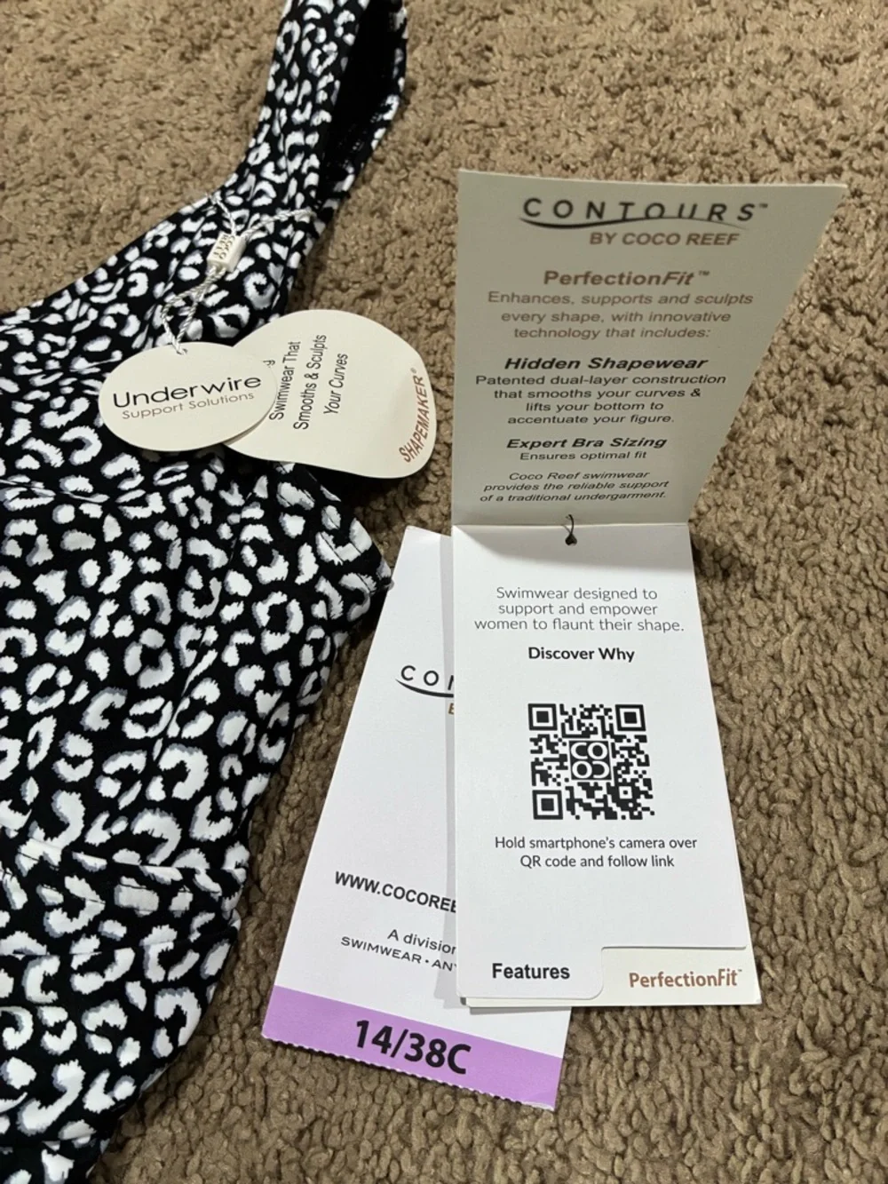 COCO REEF Contours Black Villa Cheetah Solitaire V-Neck Shapewear Swim Sz 14/38C - Picture 2 of 14